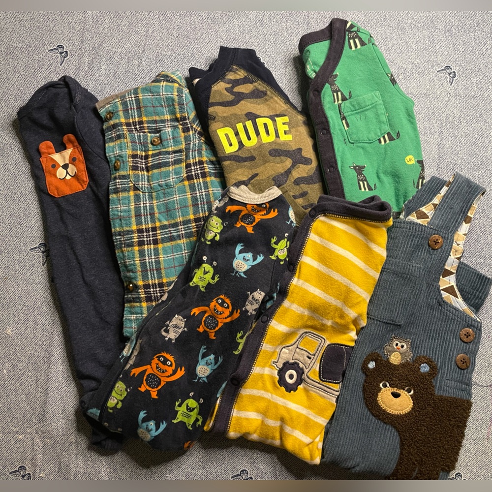 LOT OF 7 Baby Boys Fall Winter Outfits Sleepers Carters Mudpie Overalls 9 Months